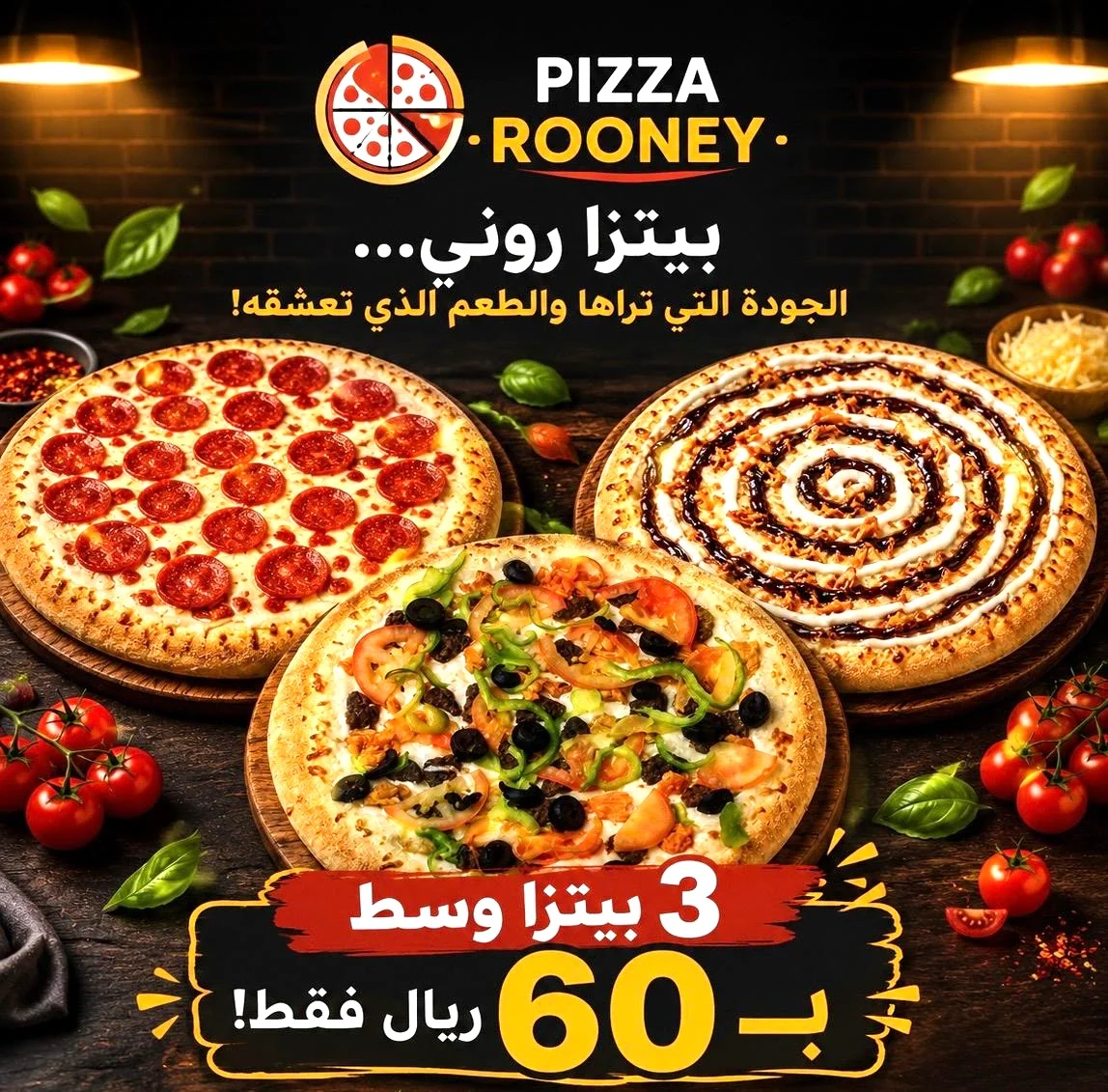 3 بيتزا وسط ب 60 ريال حسب اختيارك  3 bitza wasat b 60 rial hasab aikhtiarik